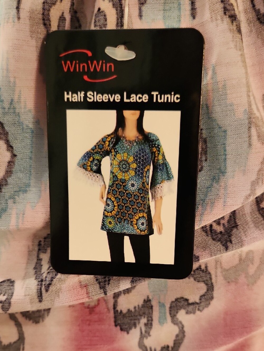 WinWin Pink & Blue Boho Off-Shoulder Lace Sleeve Tunic - Picture 8 of 8